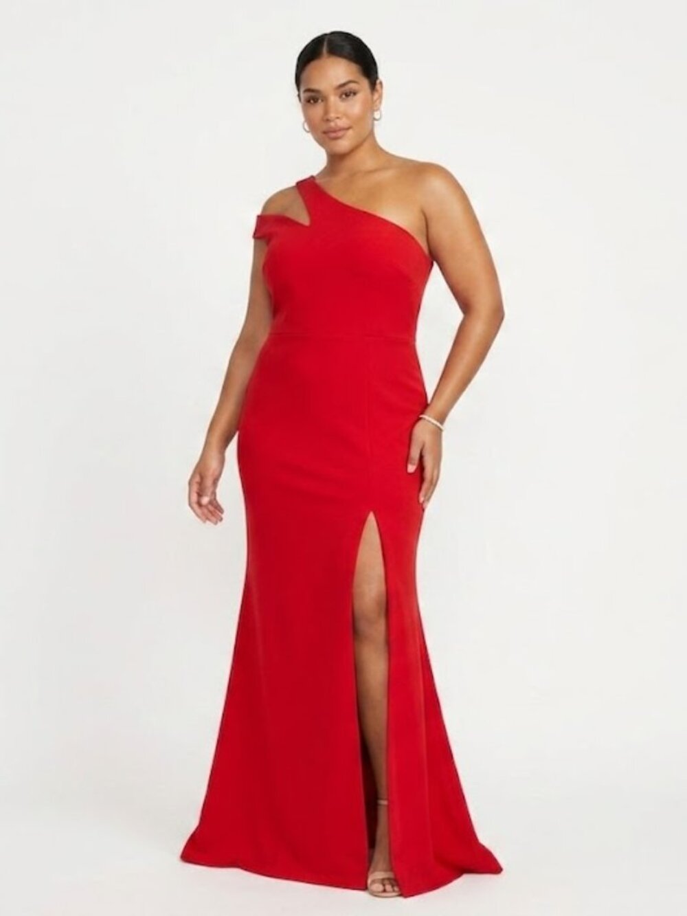 XSCAPE Red Evening Gown Cut Out One Shoulder Thigh Slit A-Line Dress Size 14P